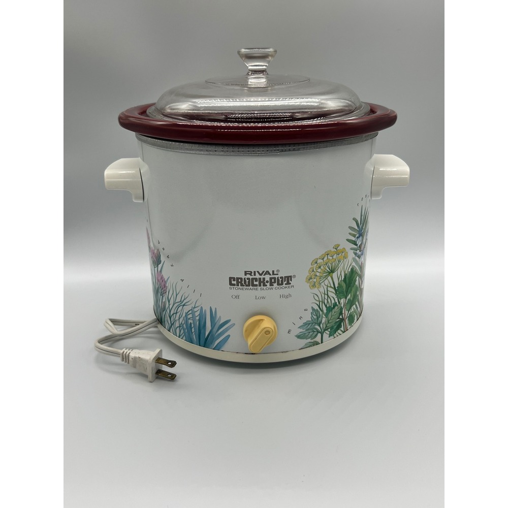 Vintage Rival Crock-Pot Slow Cooker Herb Garden Floral 3.5 Qt White Red Works